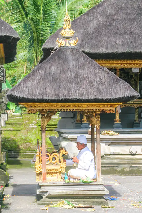 Tirta Empul Tampaksiring | Bali | Indonesië Biddende priester bij Tirta Empul Tampaksiring